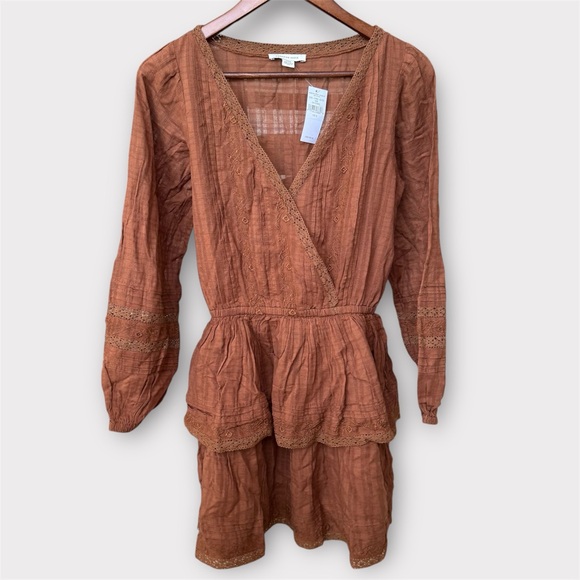 American Eagle Women's Brown Embroidered Wrap Front Mini Dress Boho Ruffle NWT - Picture 2 of 7